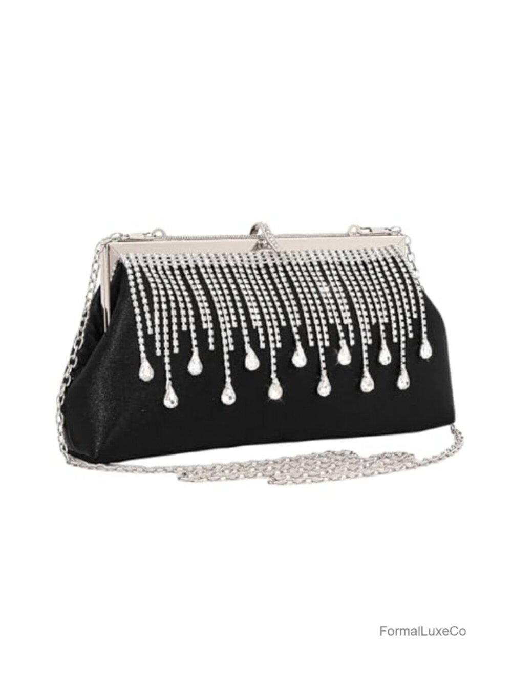 Women Evening Clutch Bag Satin Rhinestone Fringe Chain Crossbody Prom Party